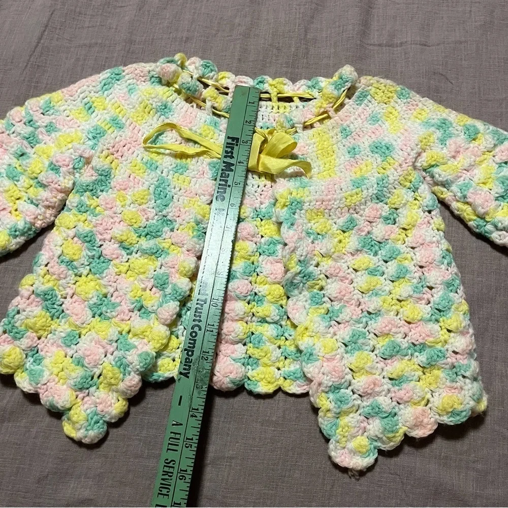 Vintage Handmade Colorful Crochet Knit Kids Jacket Fits Sizes 2+ Adjustable Bow